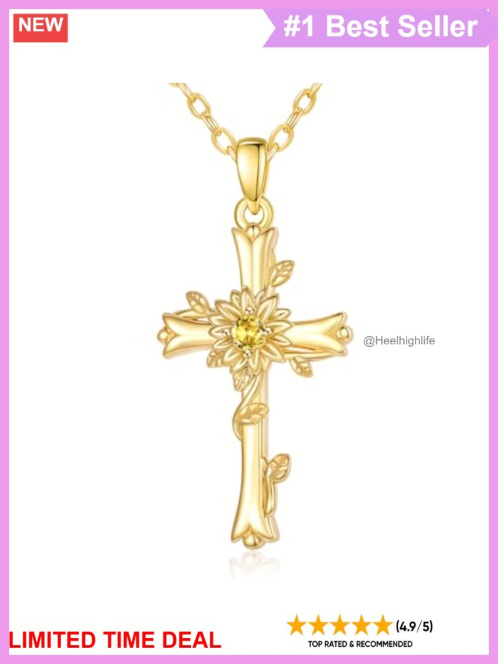 14K Gold Plated Sunflower Cross Necklace Citrine November Birthstone Pendant